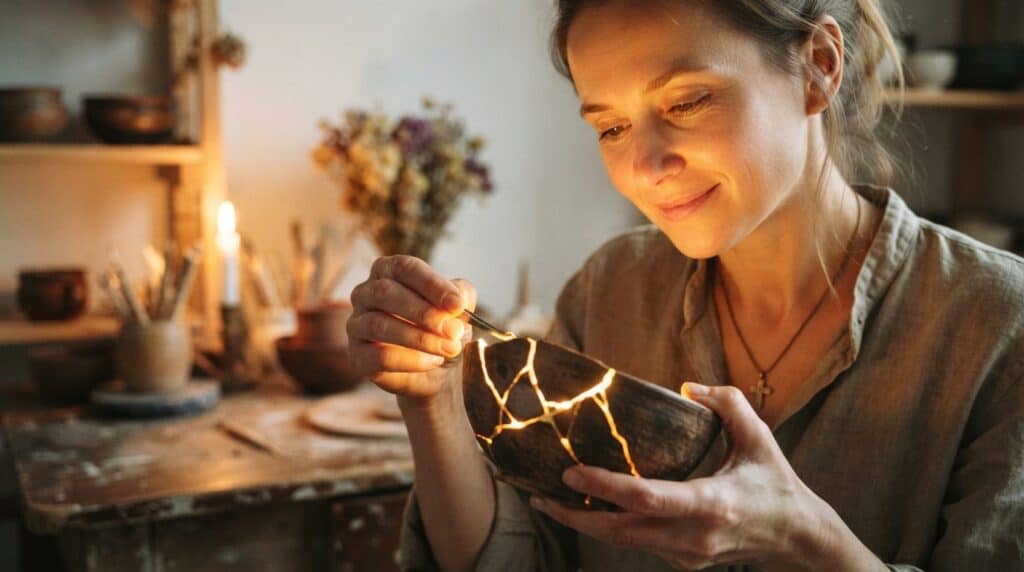 Mulher sorridente criando cerâmica artesanal com iluminação quente.