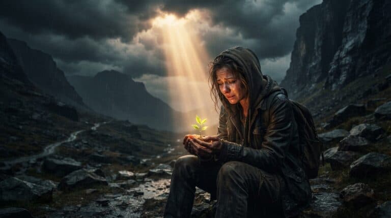 Mulher contemplando uma planta jovem sob luz divina em cenário montanhoso.