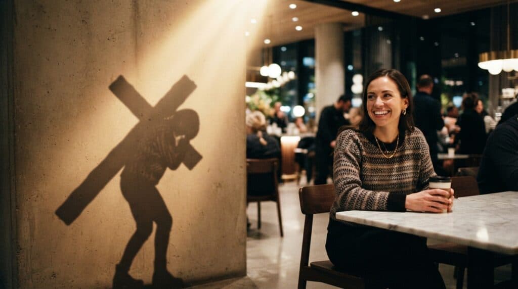 Mulher sorridente em café com sombra de cruz na TV ao fundo.